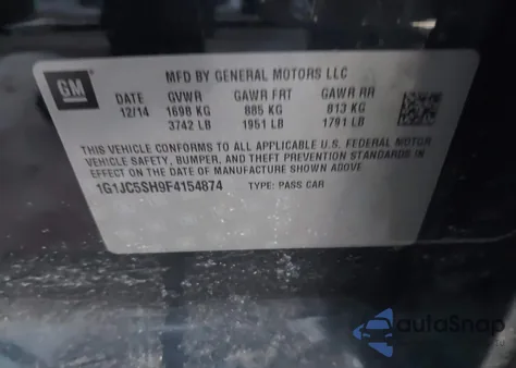 2015 Chevrolet Sonic Lt Auto z USA, uszkodzony, nr VIN 1G1JC5SH9F4154874